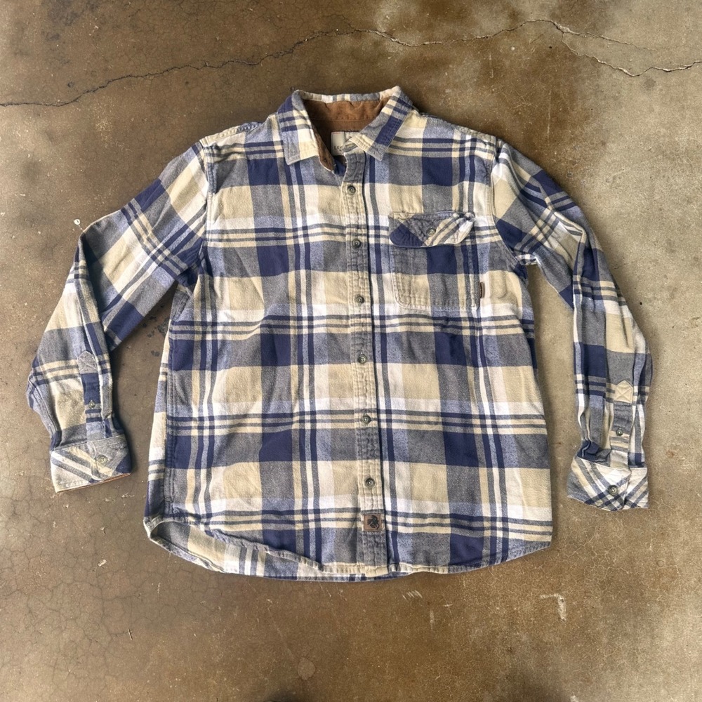 Legendary Whitetails Flannel Shirt Mens Large Blue Tan Good Plaid Button Down
